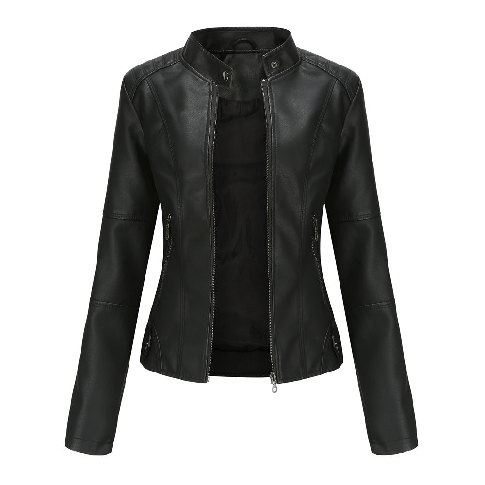 Schmal geschnittene Damen-Lederjacke mit Stehkragen und Reißverschlussdetails - 6 - Jasminaboutique.com