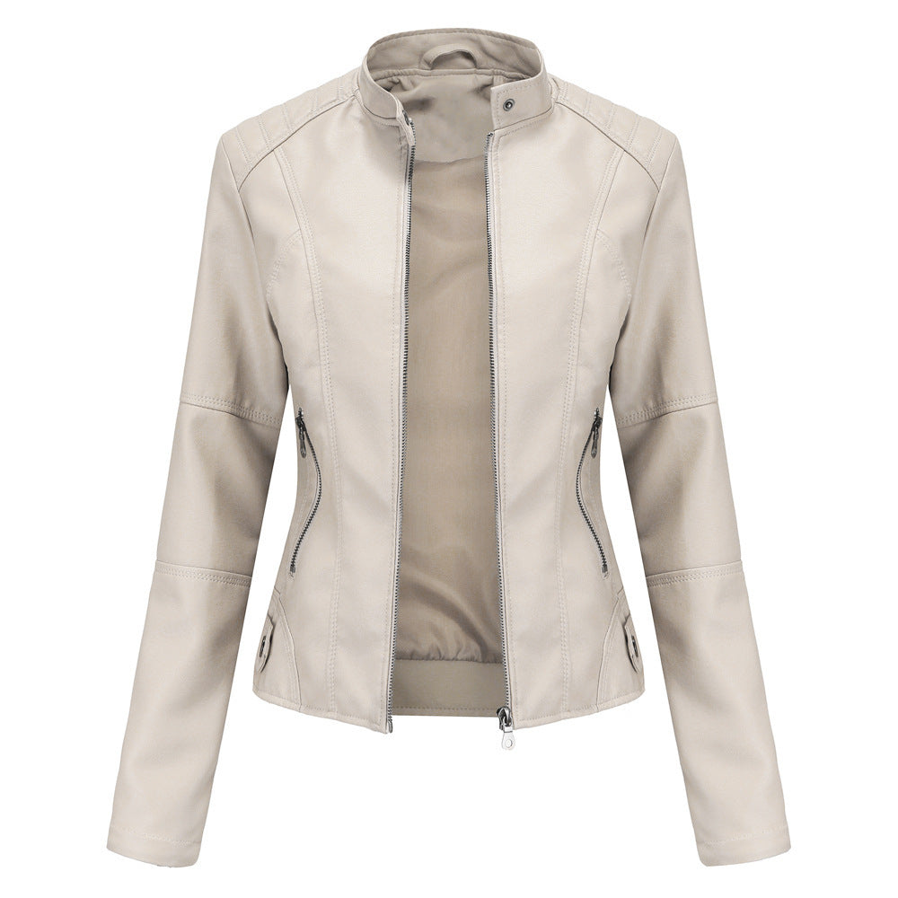 Schmal geschnittene Damen-Lederjacke mit Stehkragen und Reißverschlussdetails - 7 - Jasminaboutique.com