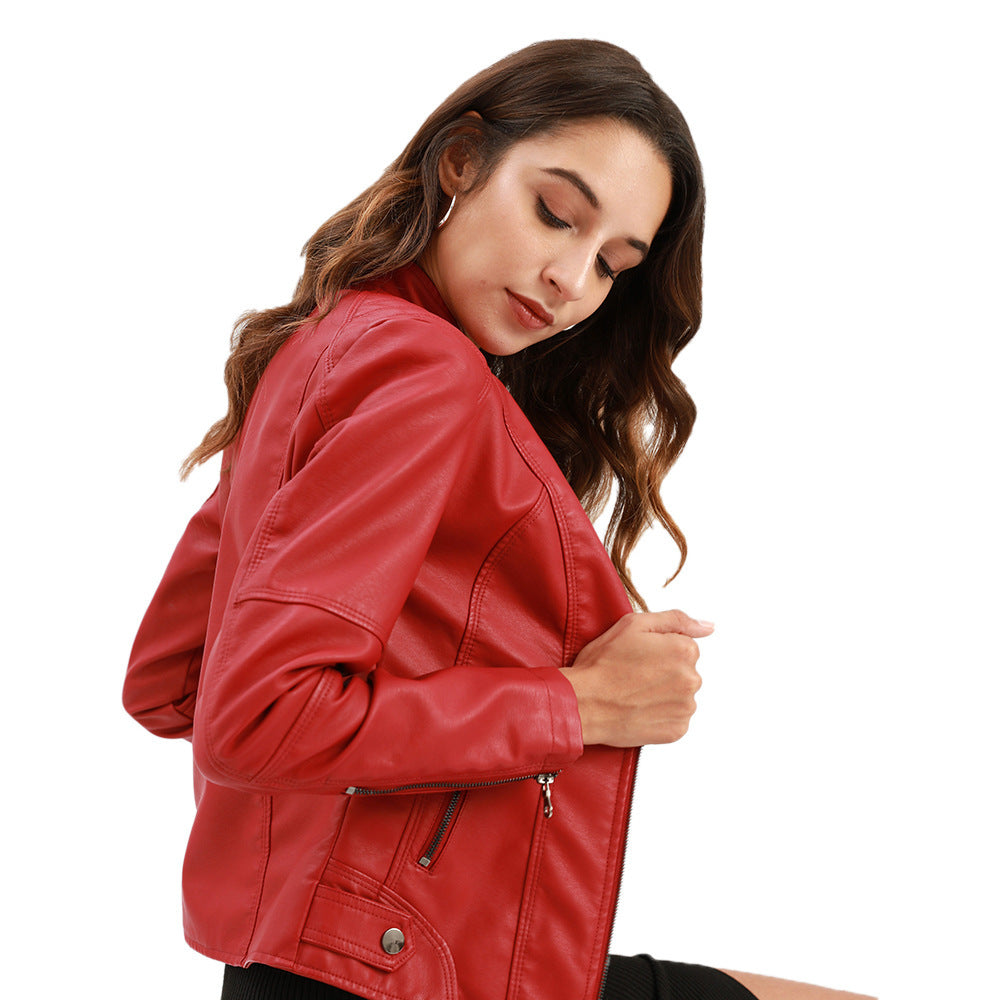Schmal geschnittene Damen-Lederjacke mit Stehkragen und Reißverschlussdetails - 13 - Jasminaboutique.com