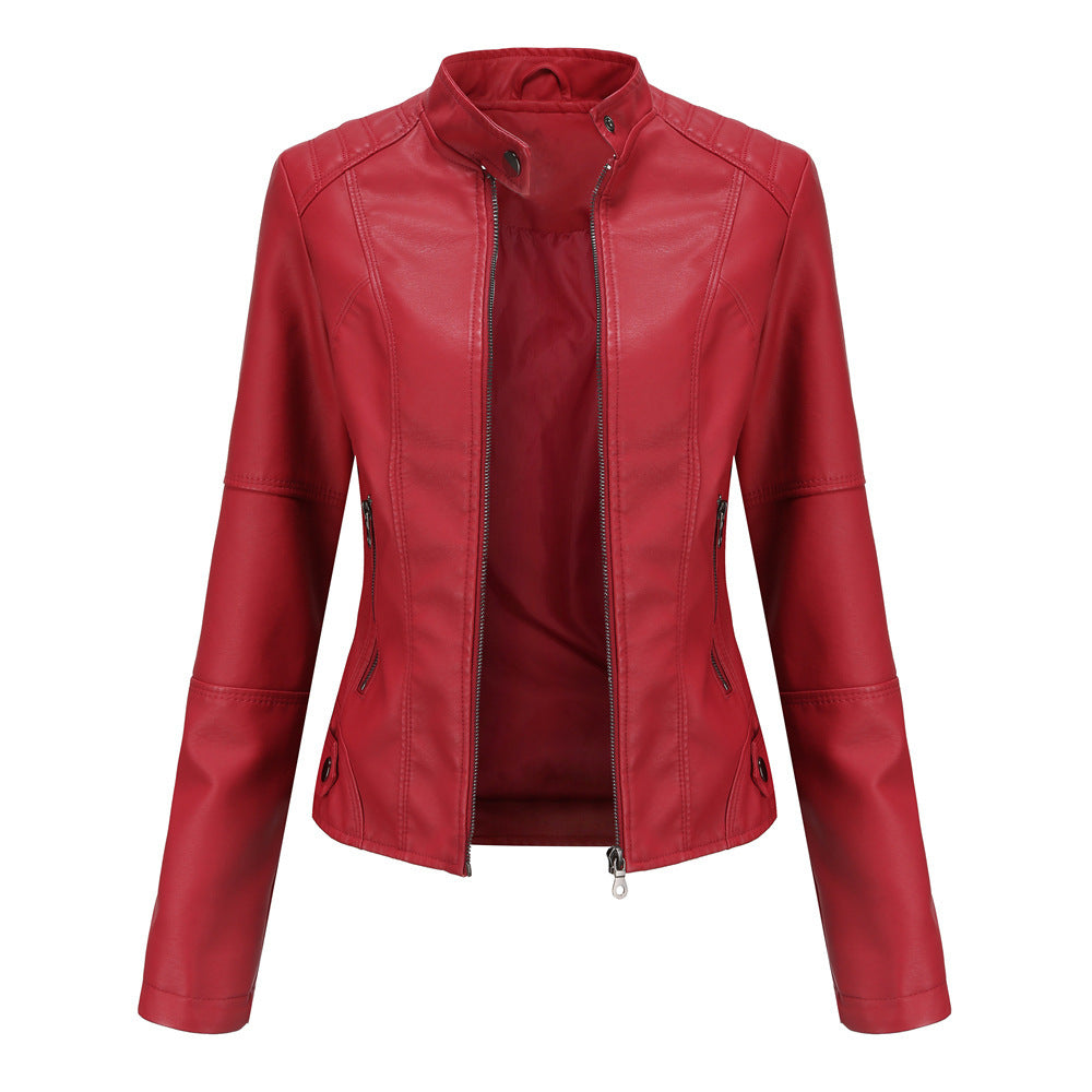 Schmal geschnittene Damen-Lederjacke mit Stehkragen und Reißverschlussdetails - 14 - Jasminaboutique.com
