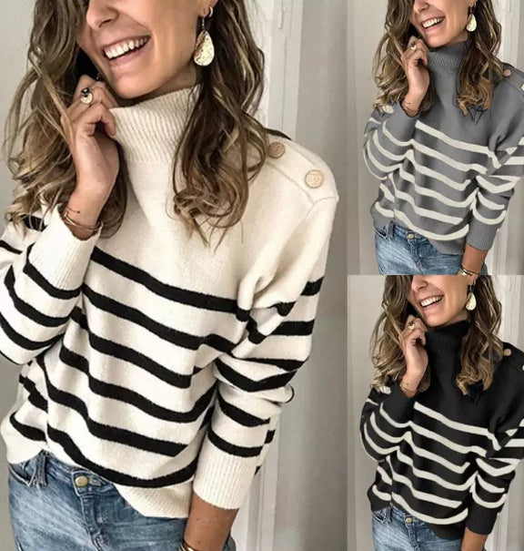 Gestreifter Damenpullover mit hohem Kragen und Knopfdetails - 5 - Jasminaboutique.com