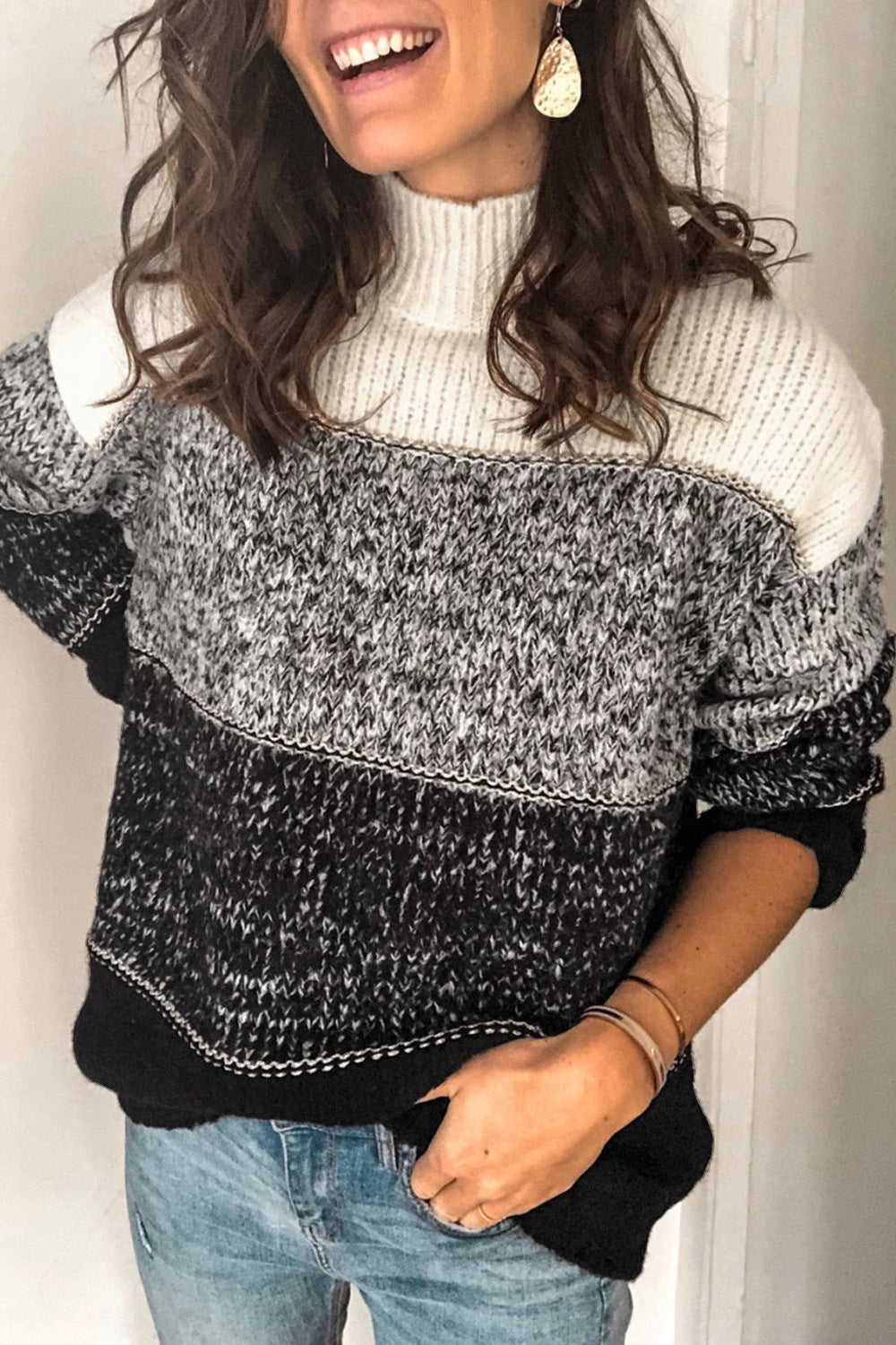 Damenpullover mit Rollkragen und Farbblöcken in lockerer Passform - 5 - Jasminaboutique.com