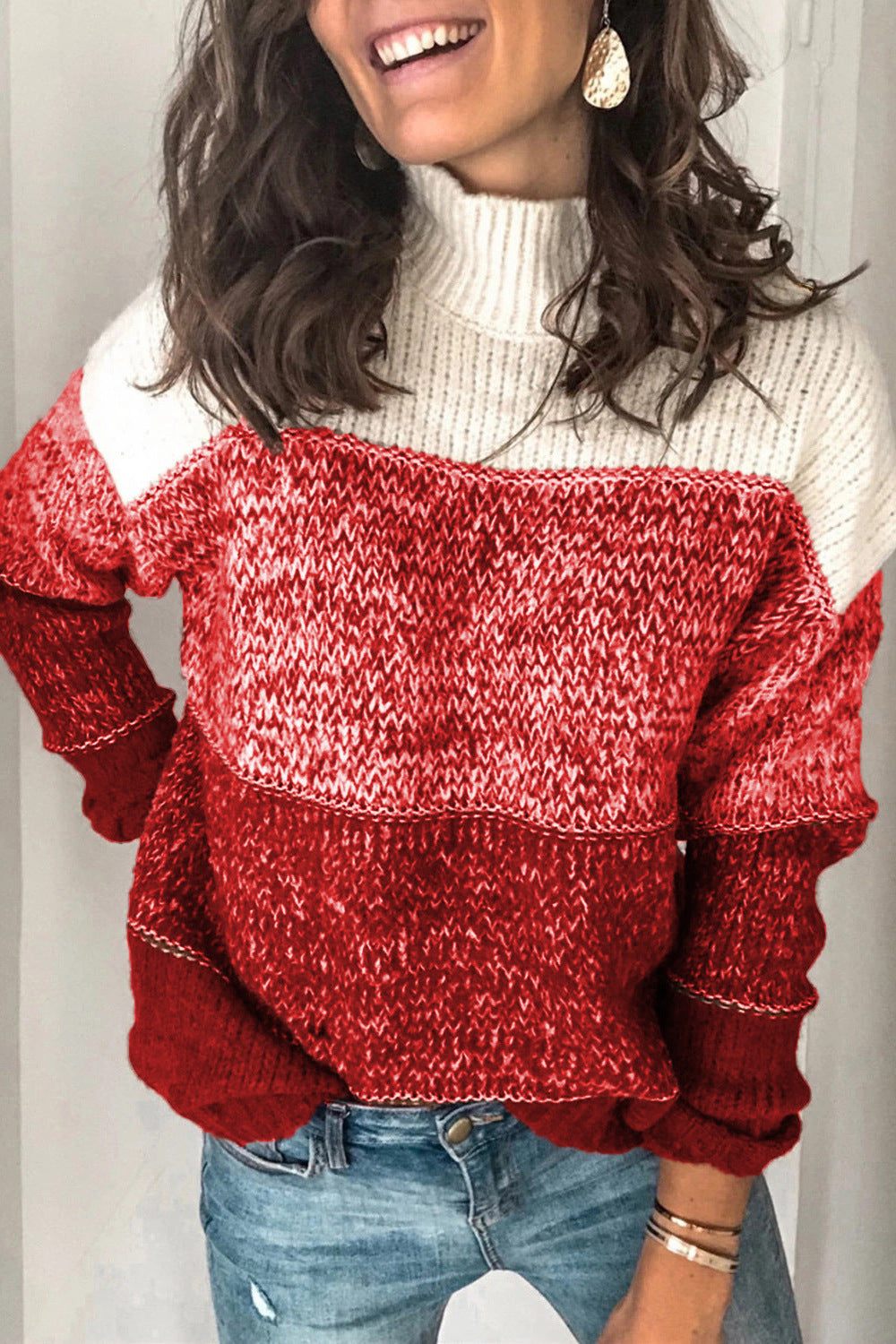 Damenpullover mit Rollkragen und Farbblöcken in lockerer Passform - 7 - Jasminaboutique.com