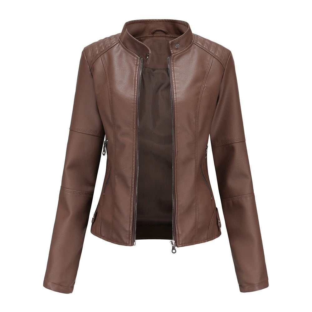 Moto-Jacke für Damen aus Kunstleder mit Reißverschluss vorne und Taschen - 3 - Jasminaboutique.com