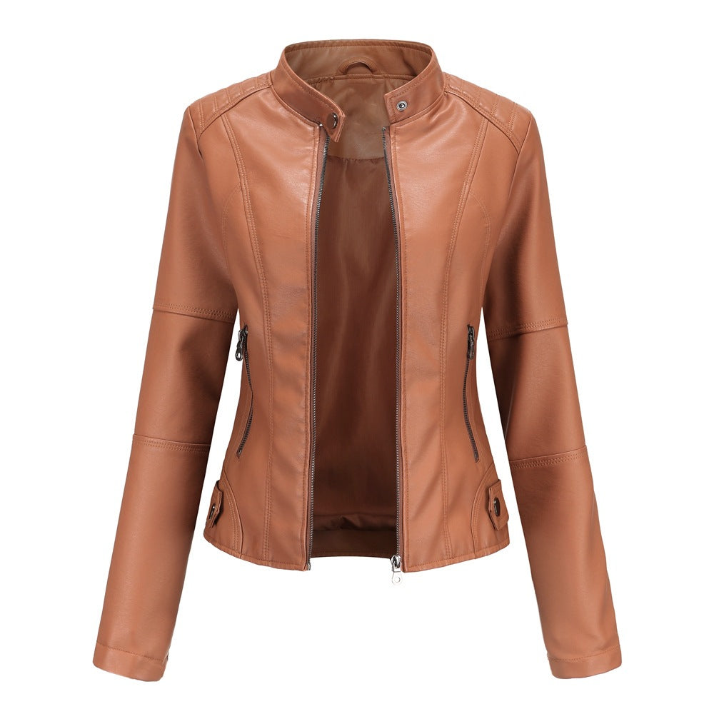 Moto-Jacke für Damen aus Kunstleder mit Reißverschluss vorne und Taschen - 6 - Jasminaboutique.com