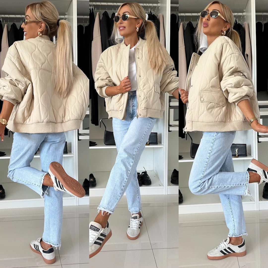 Gesteppte Bomberjacke für Damen – Lässiger Stil mit Druckknopfverschluss - 3 - Jasminaboutique.com