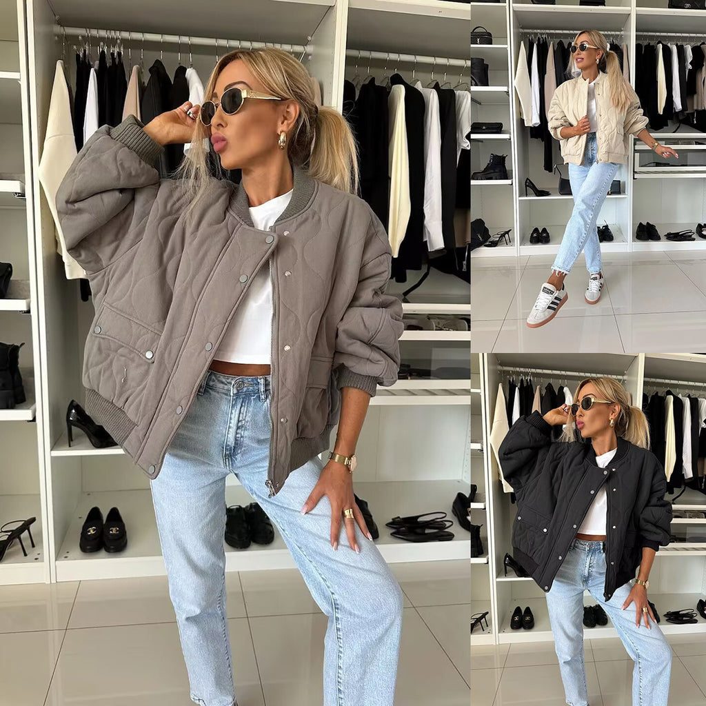 Gesteppte Bomberjacke für Damen – Lässiger Stil mit Druckknopfverschluss - 4 - Jasminaboutique.com