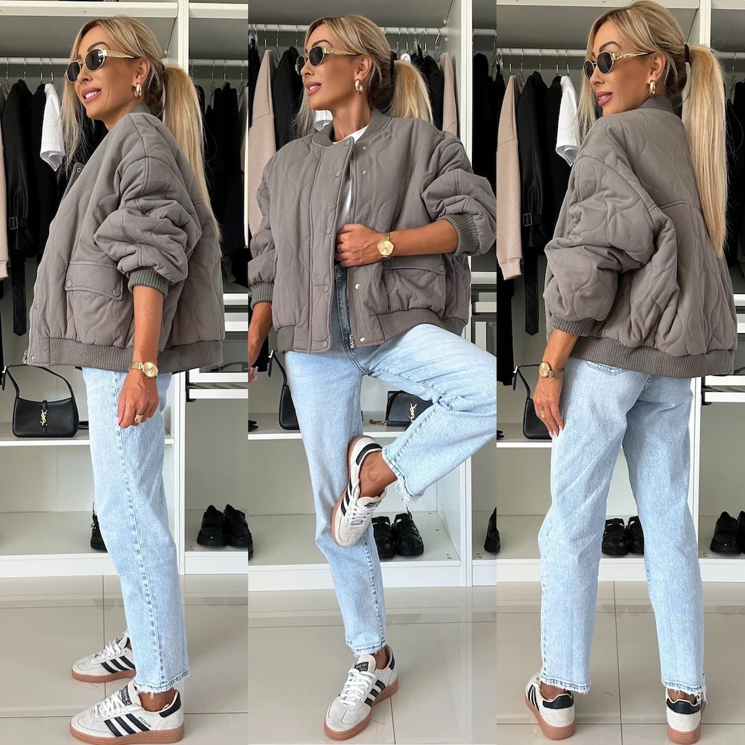 Gesteppte Bomberjacke für Damen – Lässiger Stil mit Druckknopfverschluss - 5 - Jasminaboutique.com