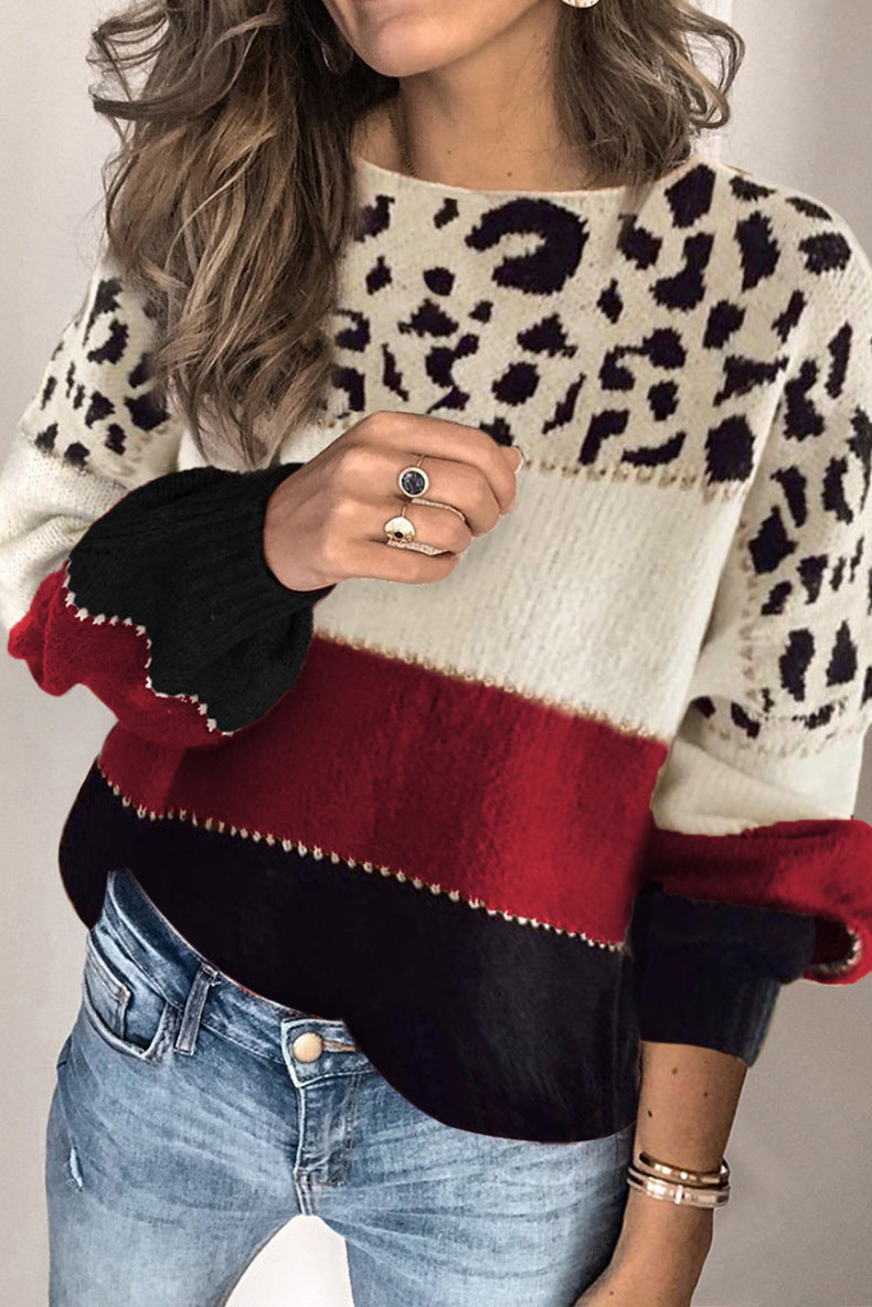 Damenpullover in lockerer Passform mit Leopardenmuster und kontrastierenden Streifen - 2 - Jasminaboutique.com