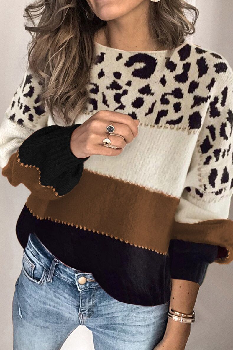 Damenpullover in lockerer Passform mit Leopardenmuster und kontrastierenden Streifen - 3 - Jasminaboutique.com