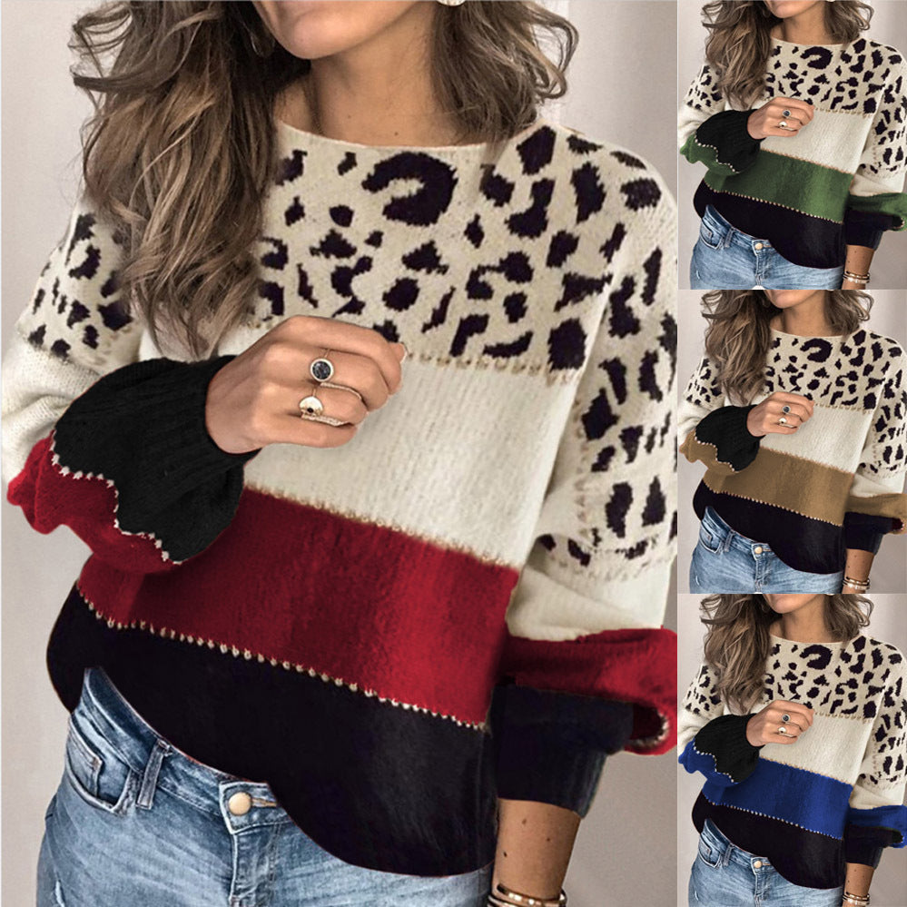 Damenpullover in lockerer Passform mit Leopardenmuster und kontrastierenden Streifen - 6 - Jasminaboutique.com