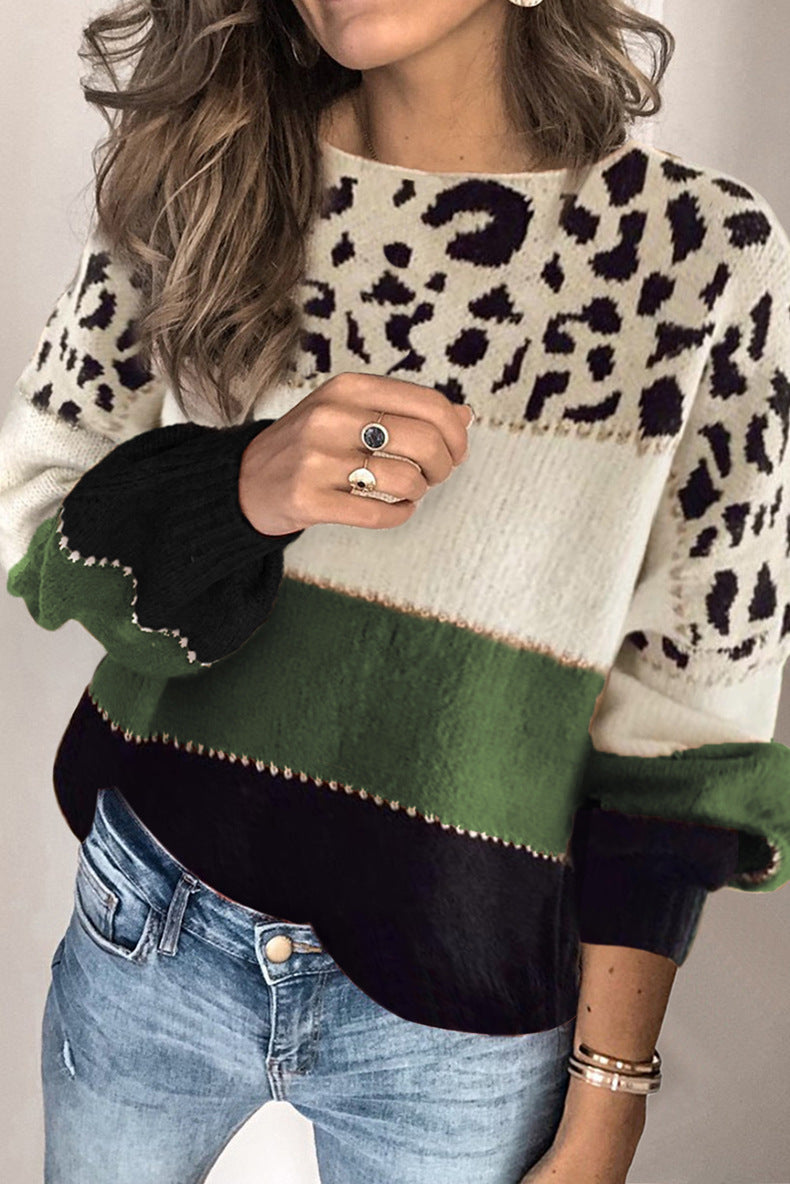 Damenpullover in lockerer Passform mit Leopardenmuster und kontrastierenden Streifen - 7 - Jasminaboutique.com