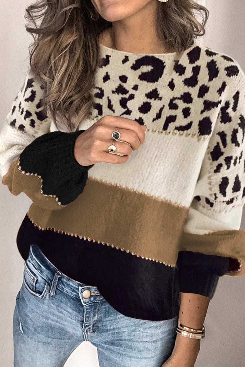 Damenpullover in lockerer Passform mit Leopardenmuster und kontrastierenden Streifen - 8 - Jasminaboutique.com