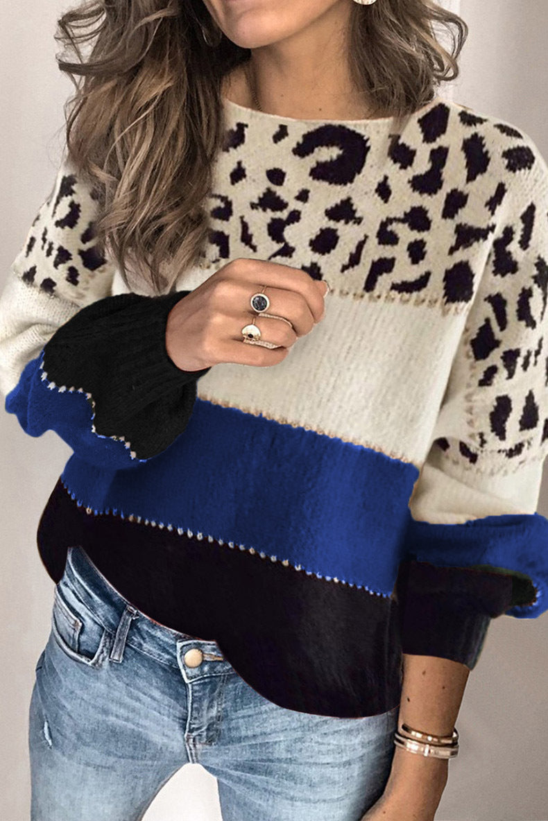 Damenpullover in lockerer Passform mit Leopardenmuster und kontrastierenden Streifen - 10 - Jasminaboutique.com