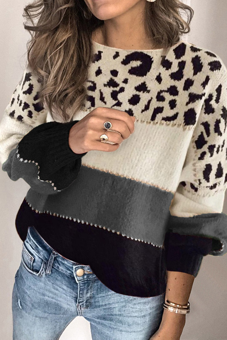Damenpullover in lockerer Passform mit Leopardenmuster und kontrastierenden Streifen - 11 - Jasminaboutique.com