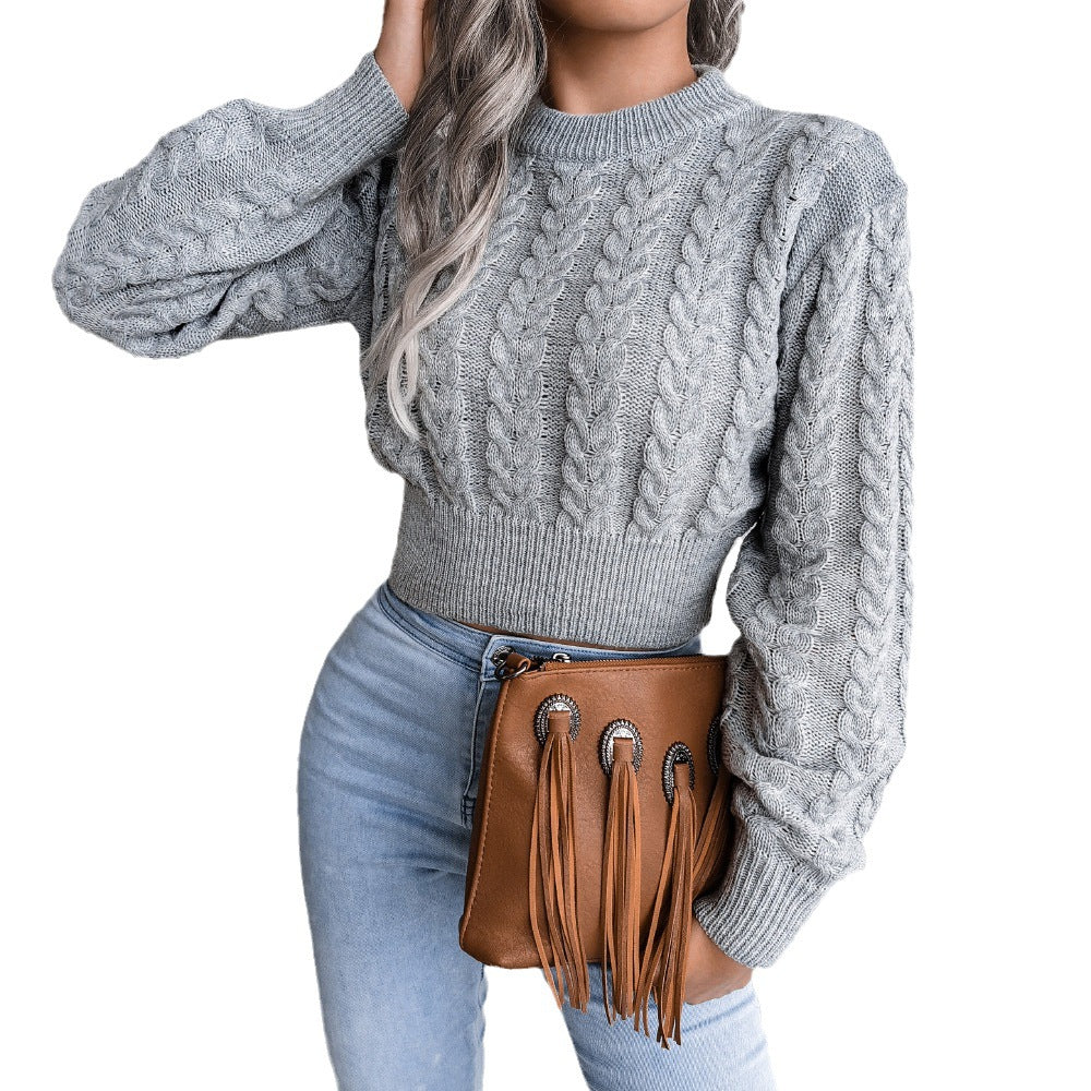 Gestrickter, kurz geschnittener Pullover für Damen – Schmale Passform mit geripptem Saum - 4 - Jasminaboutique.com