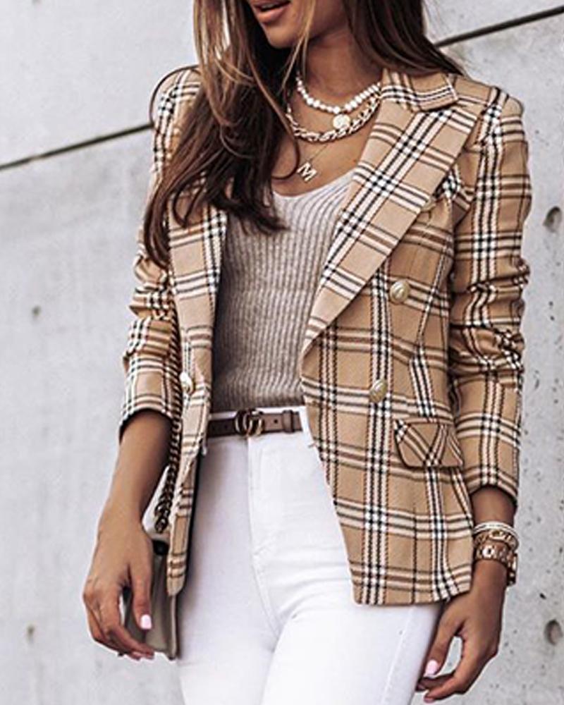 Doppelreihiger Damenblazer mit schickem Karomuster und taillierter Passform - 1 - Jasminaboutique.com