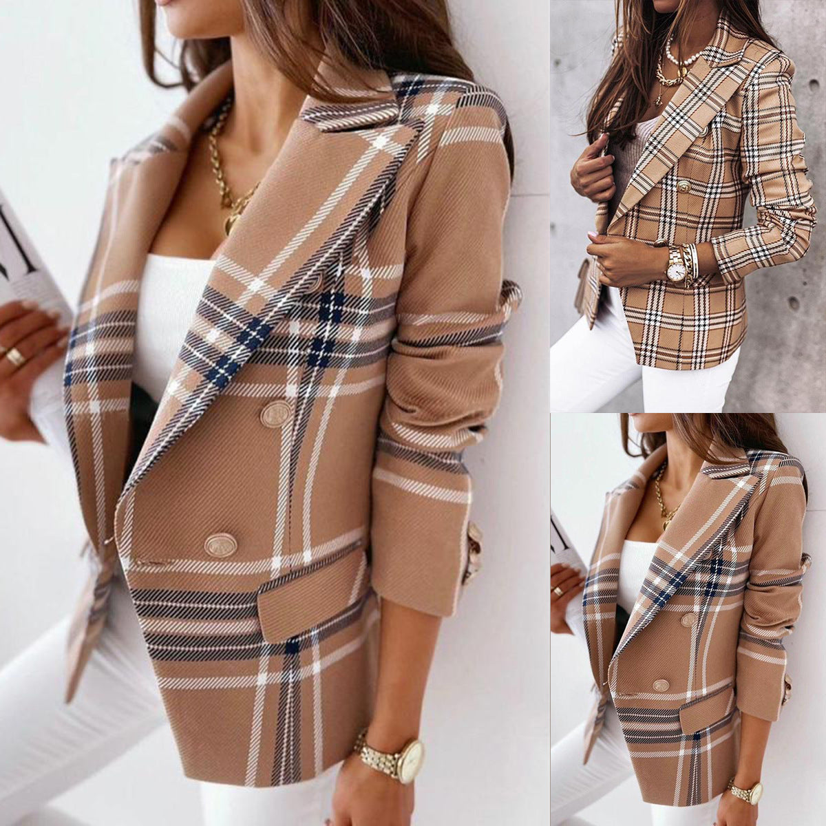 Doppelreihiger Damenblazer mit schickem Karomuster und taillierter Passform - 2 - Jasminaboutique.com