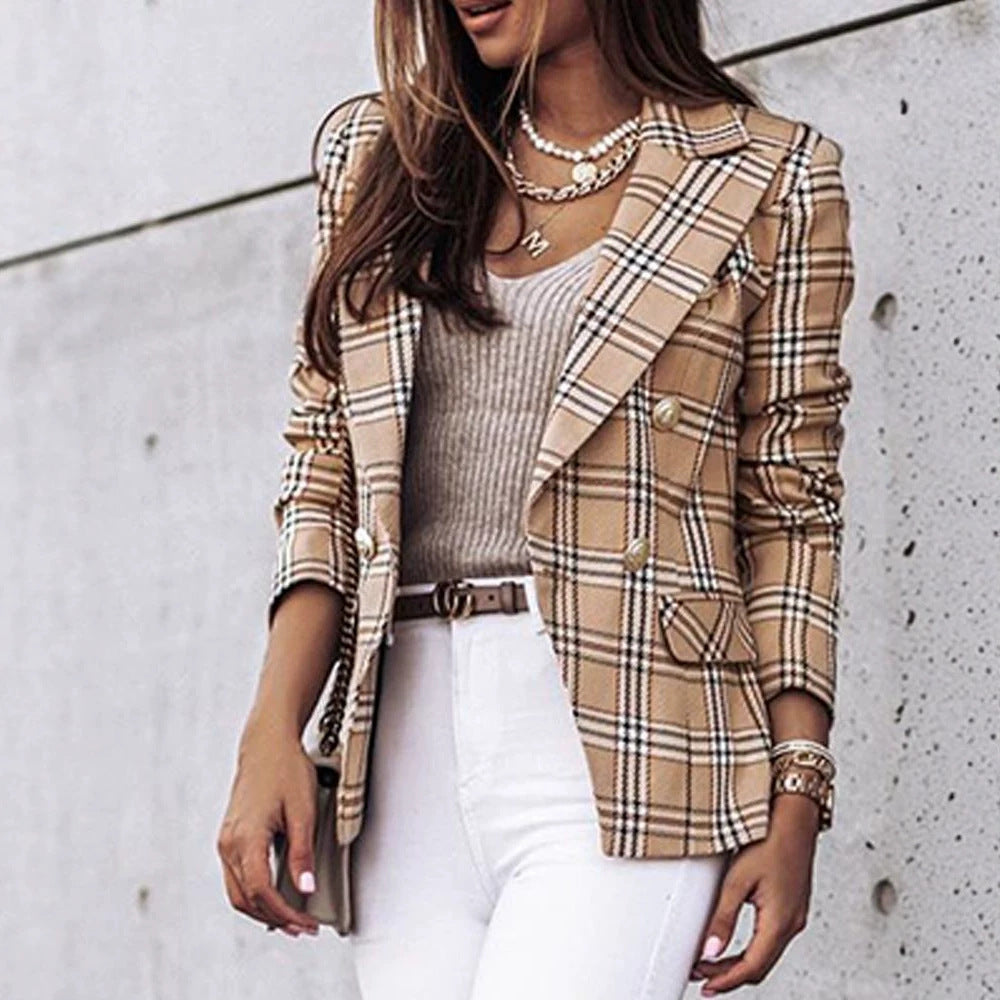 Doppelreihiger Damenblazer mit schickem Karomuster und taillierter Passform - 3 - Jasminaboutique.com