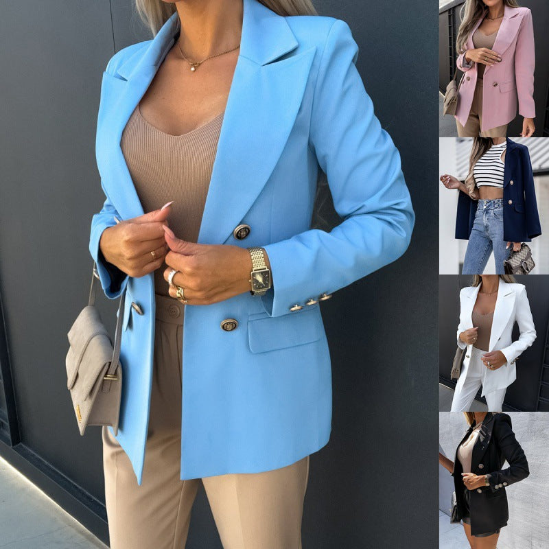 Zweireihiger Damenblazer in Hellblau mit eleganter Schnittführung - 3 - Jasminaboutique.com