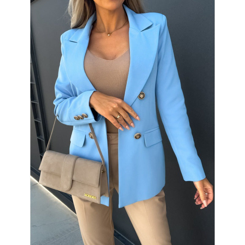 Zweireihiger Damenblazer in Hellblau mit eleganter Schnittführung - 5 - Jasminaboutique.com