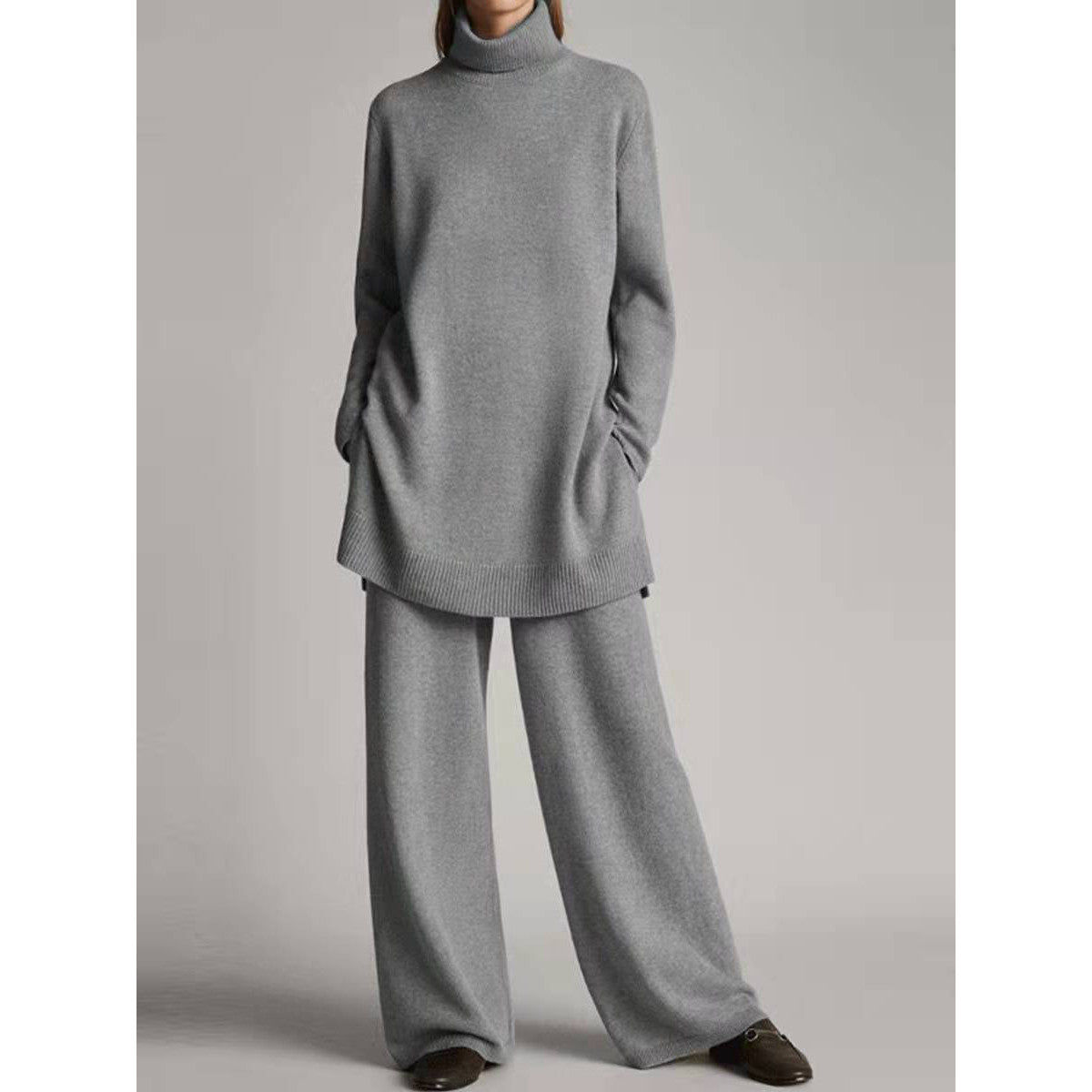 Lässiges zweiteiliges Damen-Set aus Strick mit Rollkragen und lockerer Passform - 2 - Jasminaboutique.com