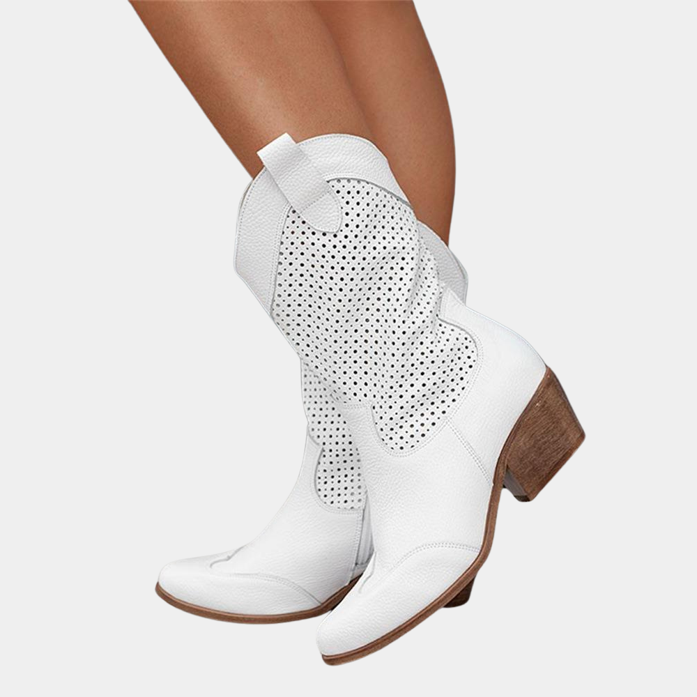 Cowboystiefel für Damen mit perforiertem Design und Blockabsatz - 1 - Jasminaboutique.com