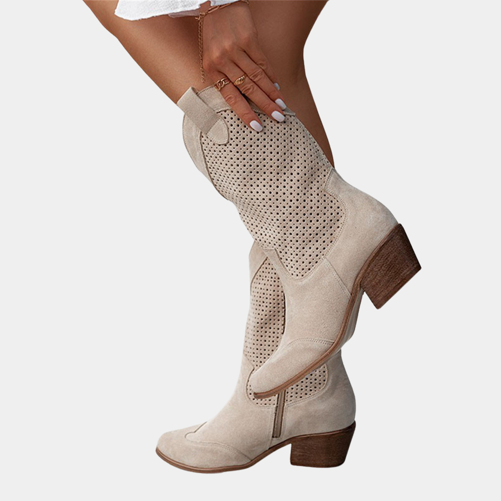 Cowboystiefel für Damen mit perforiertem Design und Blockabsatz - 5 - Jasminaboutique.com