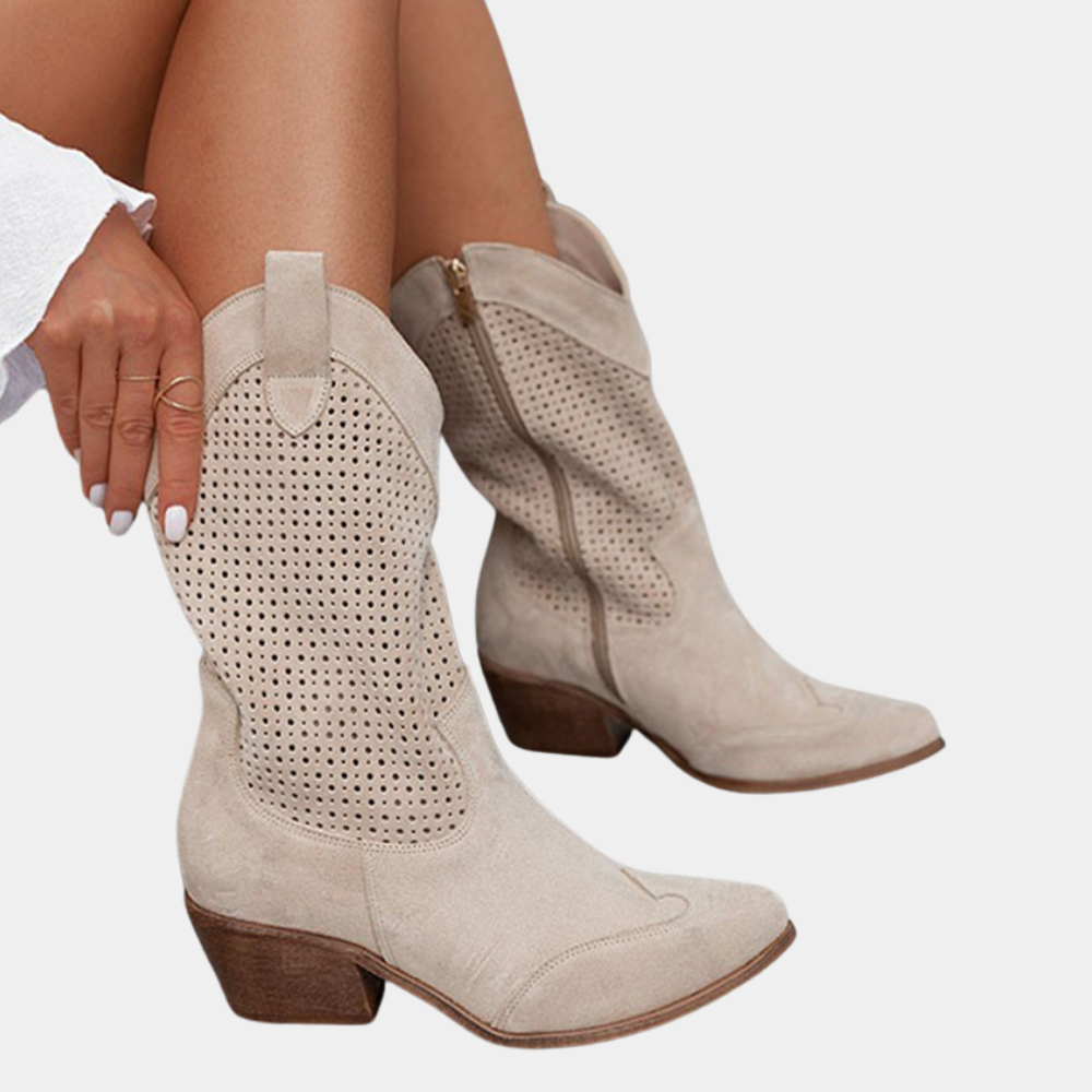 Cowboystiefel für Damen mit perforiertem Design und Blockabsatz - 6 - Jasminaboutique.com
