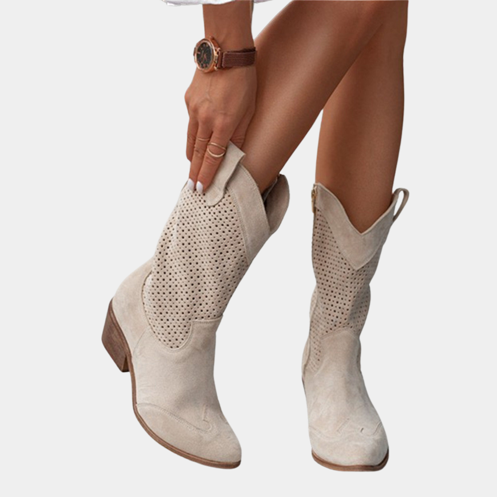 Cowboystiefel für Damen mit perforiertem Design und Blockabsatz - 7 - Jasminaboutique.com