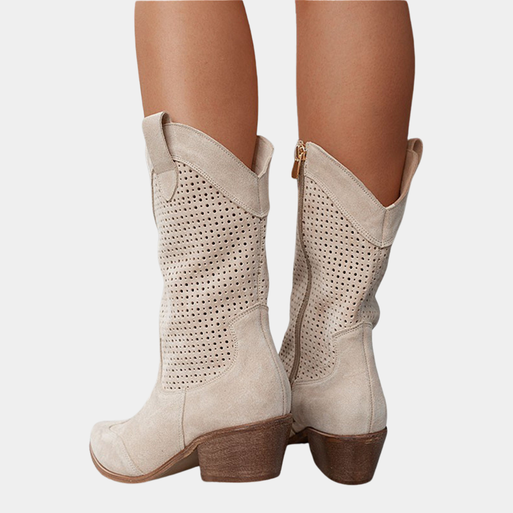 Cowboystiefel für Damen mit perforiertem Design und Blockabsatz - 8 - Jasminaboutique.com