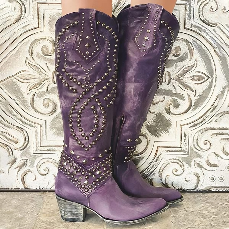Kniehohe Westernstiefel für Damen mit Nietenverzierung - 1 - Jasminaboutique.com