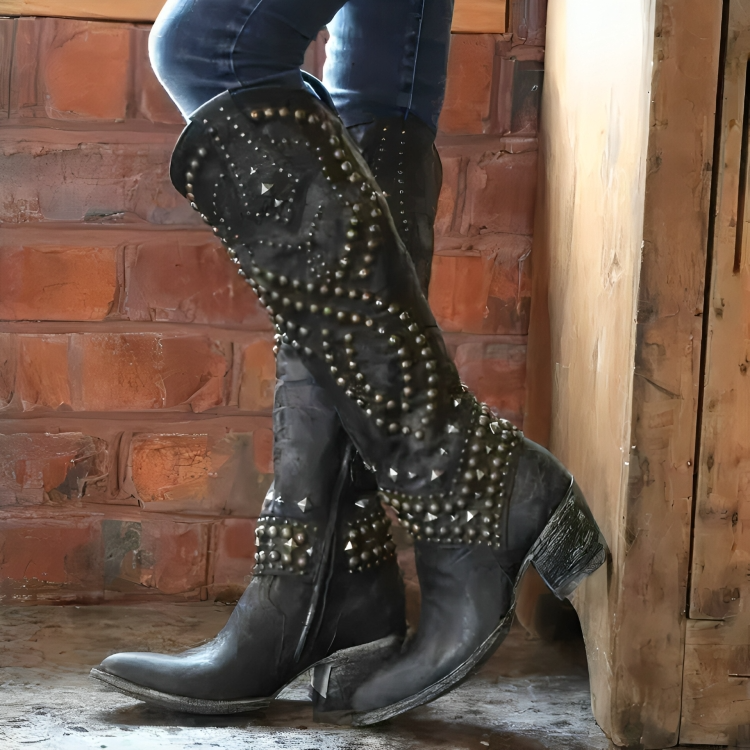 Kniehohe Westernstiefel für Damen mit Nietenverzierung - 3 - Jasminaboutique.com