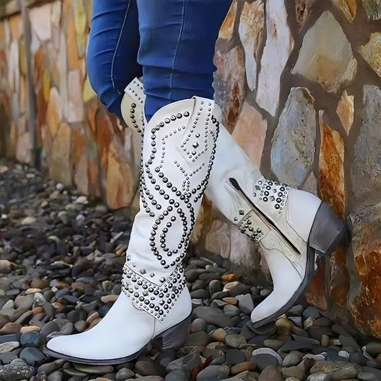 Kniehohe Westernstiefel für Damen mit Nietenverzierung - 5 - Jasminaboutique.com