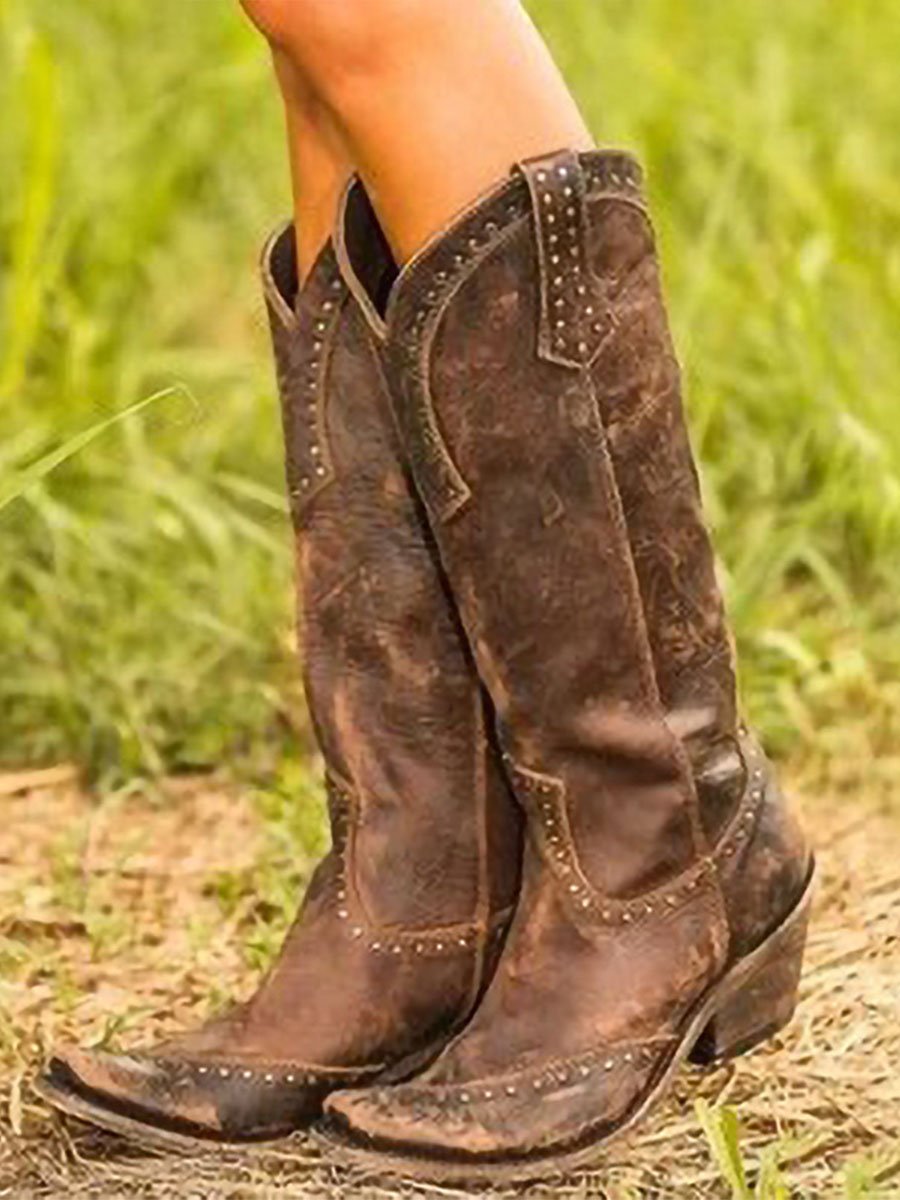 Kniehohe Cowboystiefel für Damen mit Nietenbesatz - 1 - Jasminaboutique.com