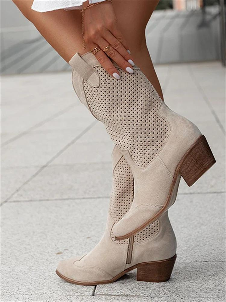 Damen-Westernstiefel mit Blockabsatz und perforiertem Design - 5 - Jasminaboutique.com