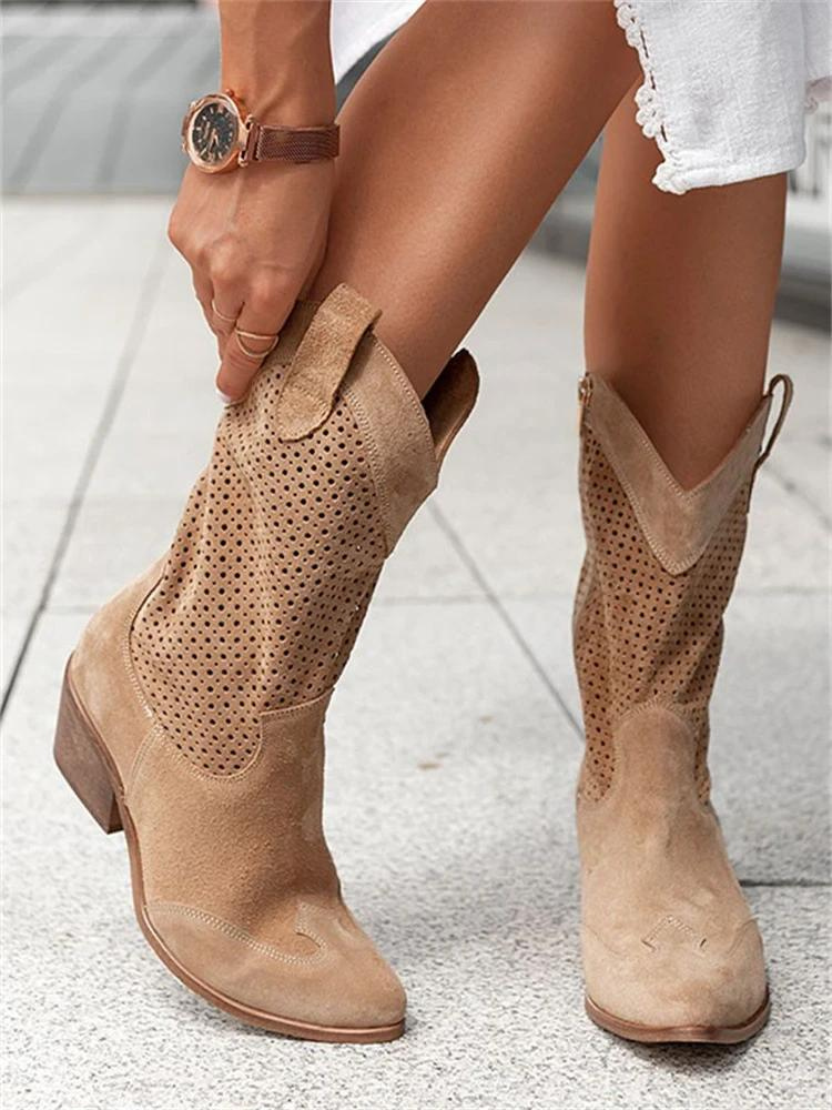 Damen-Westernstiefel mit Blockabsatz und perforiertem Design - 6 - Jasminaboutique.com