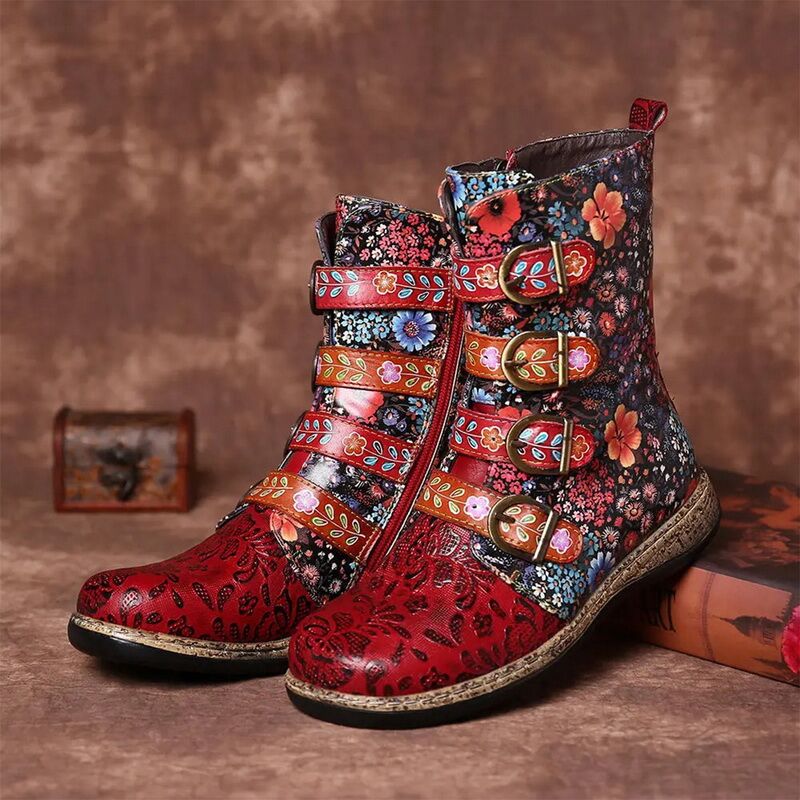 Stylische Damen-Stiefeletten mit Blumenmuster und Schnallen - 1 - Jasminaboutique.com