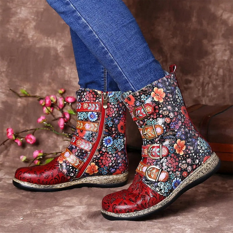 Stylische Damen-Stiefeletten mit Blumenmuster und Schnallen - 2 - Jasminaboutique.com