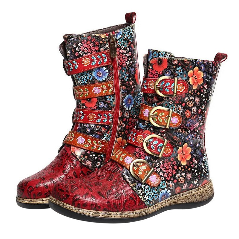 Stylische Damen-Stiefeletten mit Blumenmuster und Schnallen - 8 - Jasminaboutique.com