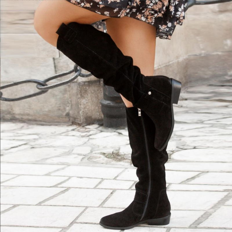 Kniehohe flache Damenstiefel mit seitlichem Reißverschluss und bequemer Sohle - 2 - Jasminaboutique.com