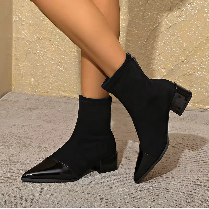 Damen-Stiefeletten mit Blockabsatz und glänzender Schuhspitze - 11 - Jasminaboutique.com