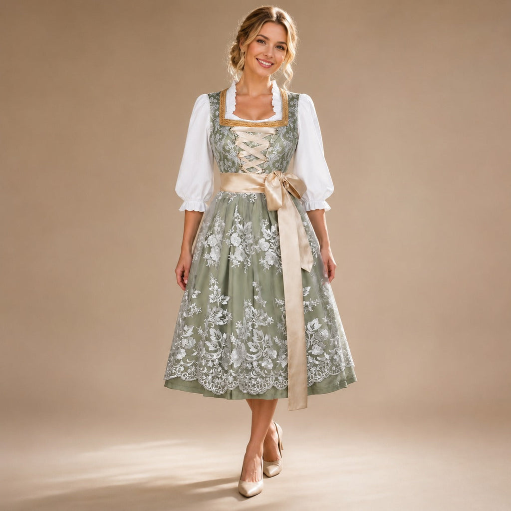 Dirndl Damen – Elegantes Blumenmuster mit Schnürung und Taillengürtel | J&B - 4 - Jasminaboutique.com