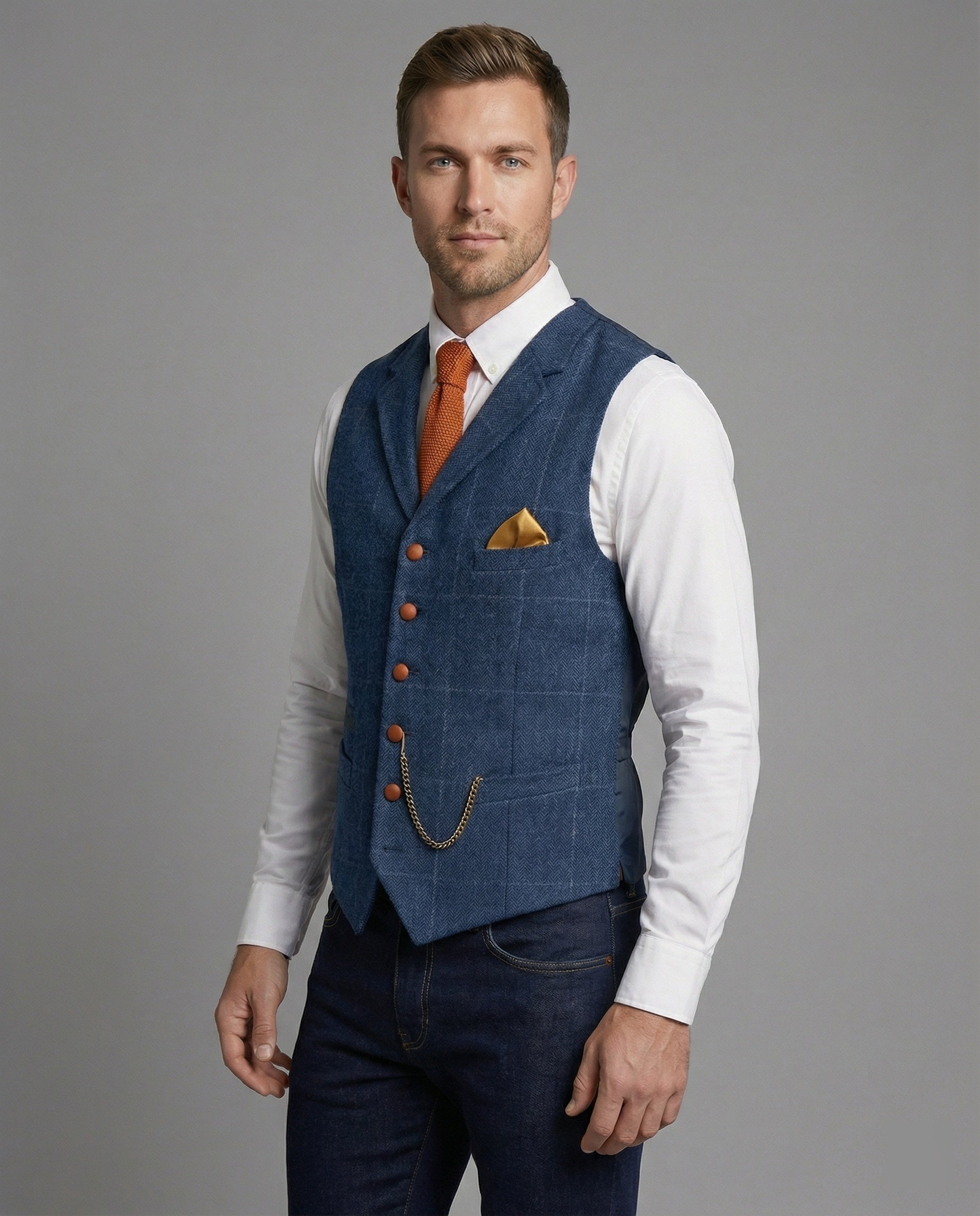 Stilvolle Weste für Herren mit Fischgrätenmuster und Kette | J&B - 1 - Jasminaboutique.com