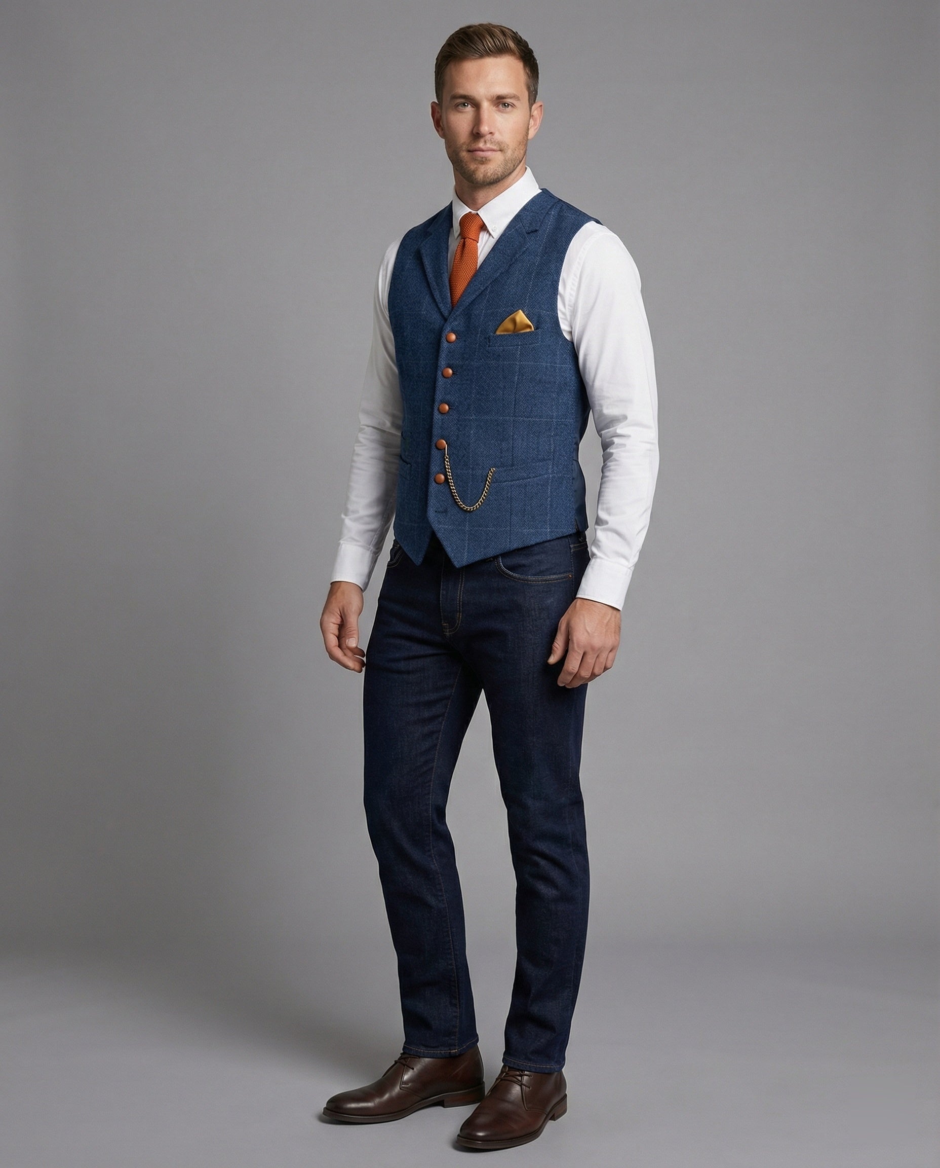 Stilvolle Weste für Herren mit Fischgrätenmuster und Kette | J&B - 2 - Jasminaboutique.com