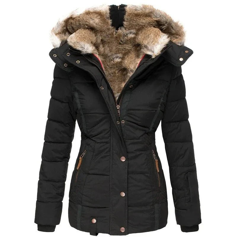 Winterjacke Damen, tailliert mit Kunstfellkapuze und Steppdesign | J&B - 1 - Jasminaboutique.com