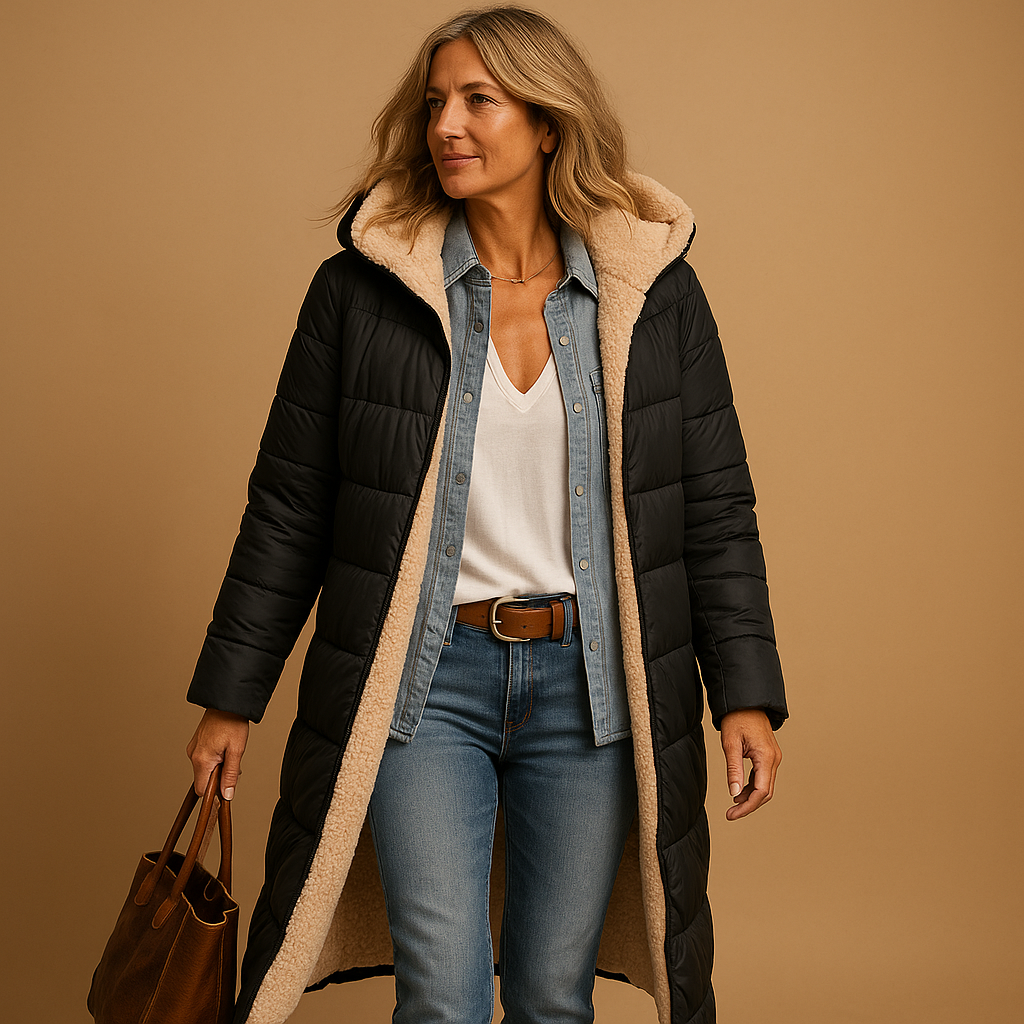 Langer Wintermantel Damen mit Kapuze und kuscheligem Futter | J&B - 1 - Jasminaboutique.com