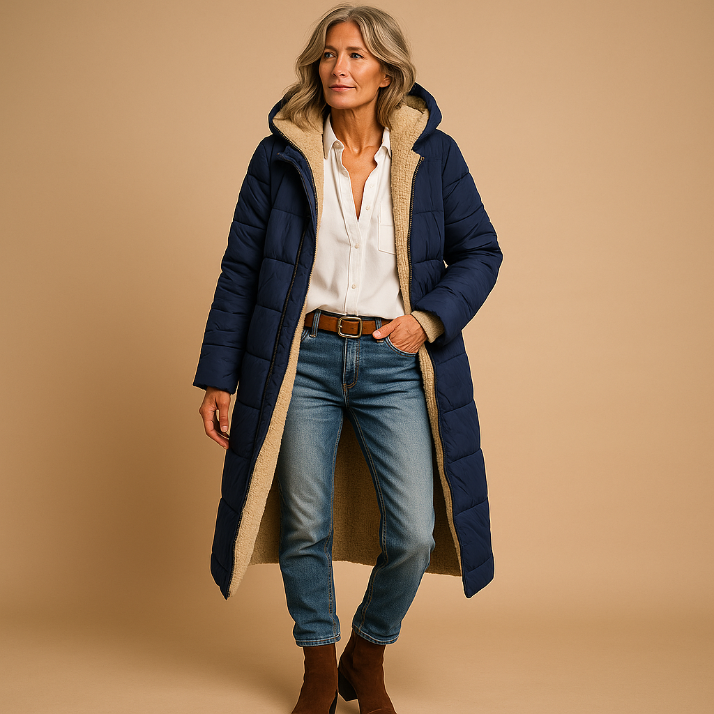 Langer Wintermantel Damen mit Kapuze und kuscheligem Futter | J&B - 5 - Jasminaboutique.com