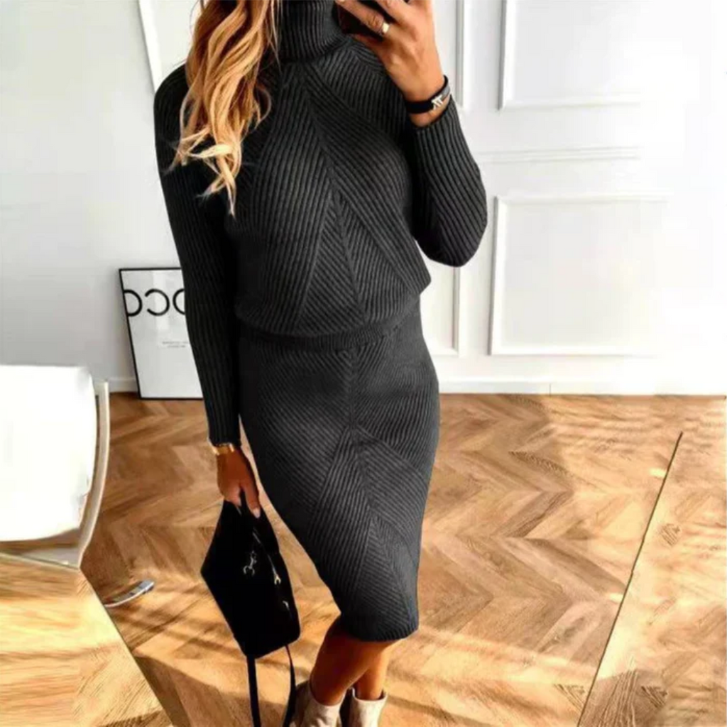 Strickkleid für Damen mit Rollkragen und schmaler Passform - 1 - Jasminaboutique.com