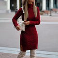 Midi-Kleid für Damen im Zopfmuster mit Rollkragen und schickem Schlitz - 1 - Jasminaboutique.com
